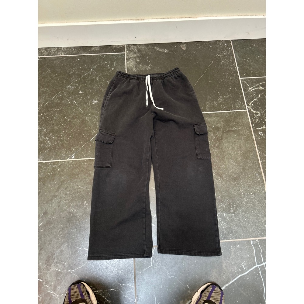 Brandy Melville Washed Black Cargo Sweatpants Wide Leg Fleece Pockets Womens OS